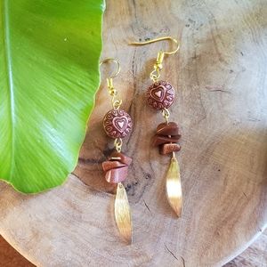 Handmade Boho Chic Raw Brass Leaf Earrings with Unique Goldstones